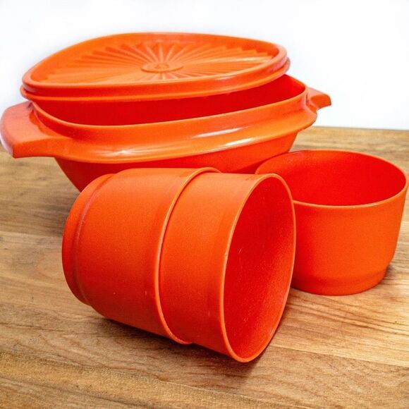VTG Orange Tupperware Bundle: 6” Servalier Bowl w/ Lid, 3 Snack Cups - Picture 2 of 6